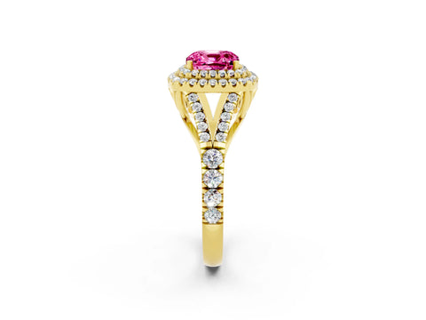 Yellow gold Cushion Cut Pink Sapphire Double Halo Ring with Split Shank and Prong Setting_14