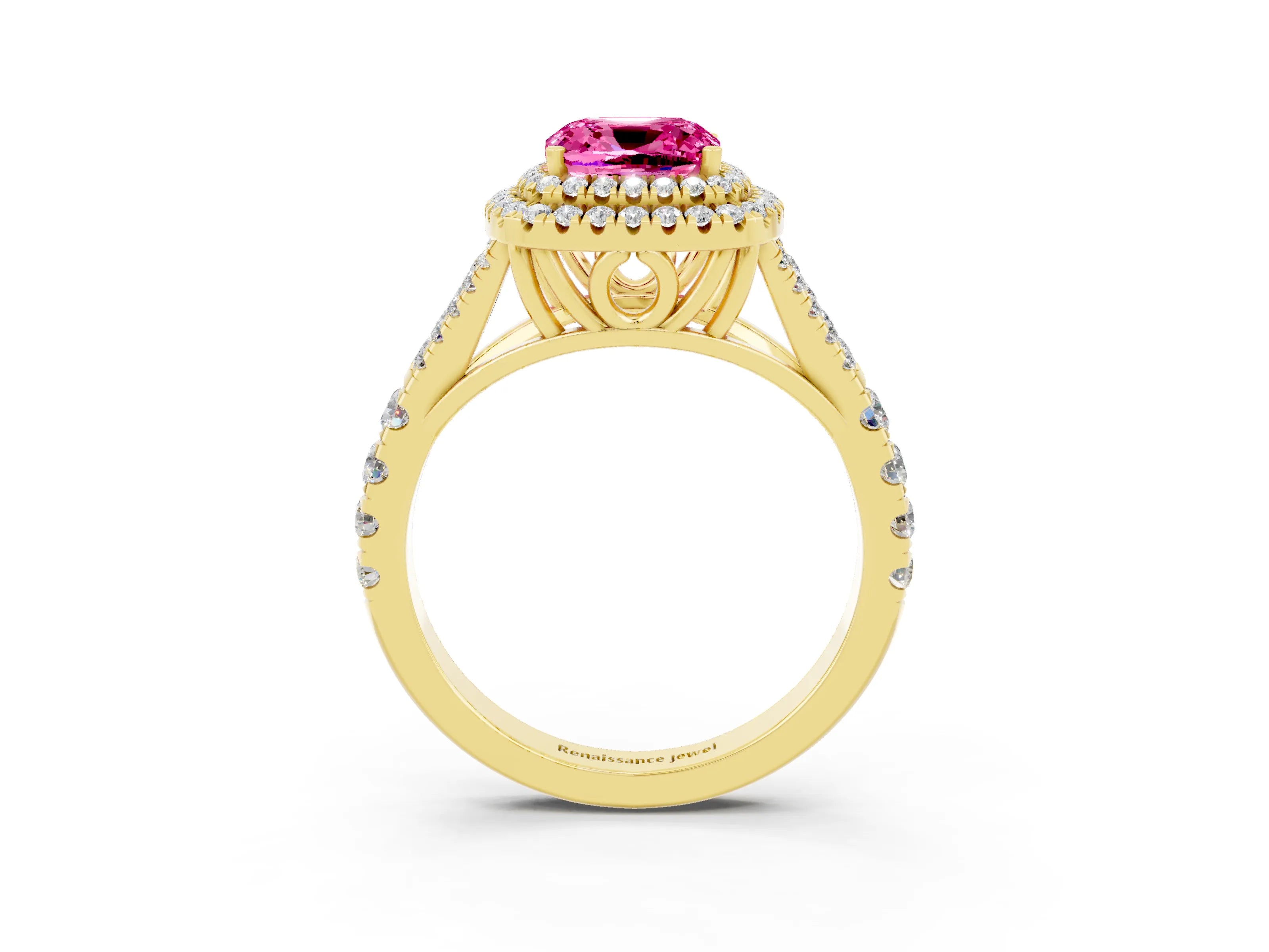 Yellow gold Cushion Cut Pink Sapphire Double Halo Ring with Split Shank and Prong Setting_15