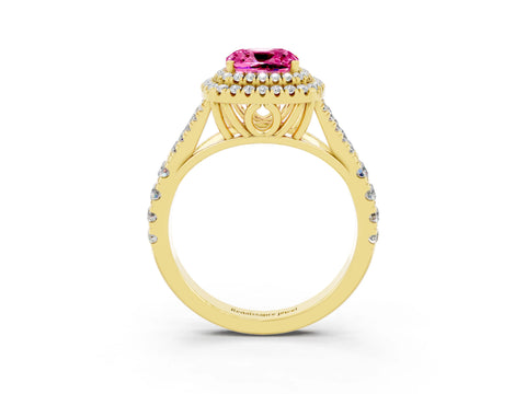 Yellow gold Cushion Cut Pink Sapphire Double Halo Ring with Split Shank and Prong Setting_15