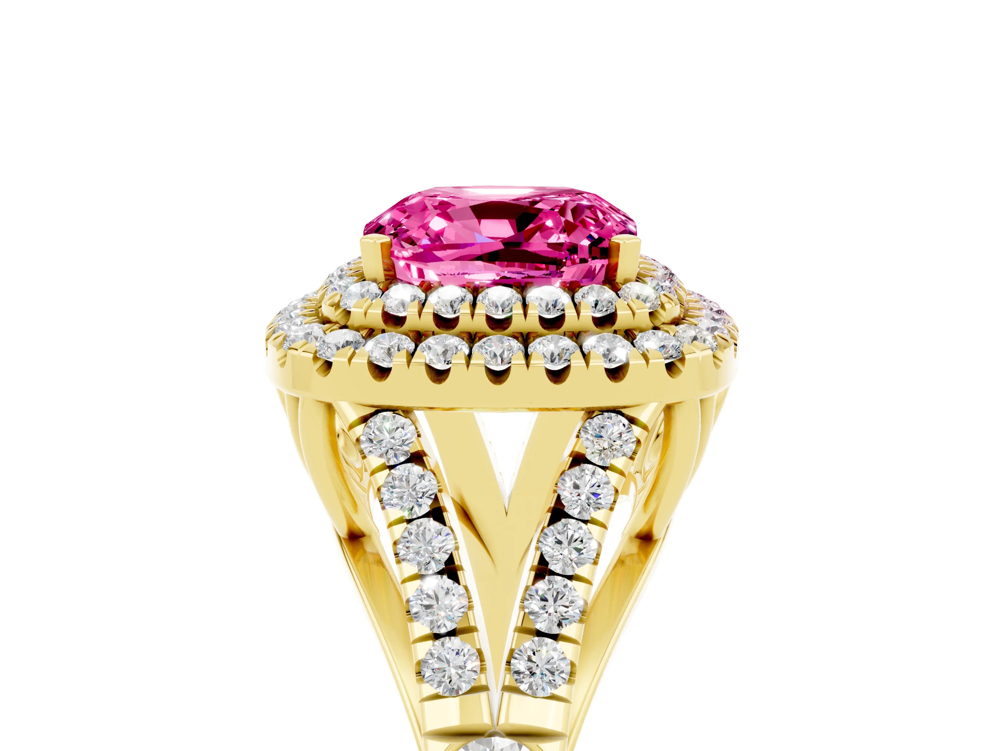 Yellow gold Cushion Cut Pink Sapphire Double Halo Ring with Split Shank and Prong Setting_17