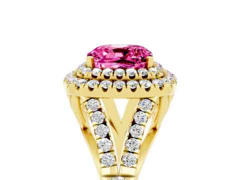 Yellow gold Cushion Cut Pink Sapphire Double Halo Ring with Split Shank and Prong Setting_17