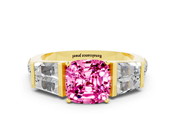 Yellow gold Cushion Cut Pink Sapphire Engagement Ring with Baguette Side Stones and Channel Set Band