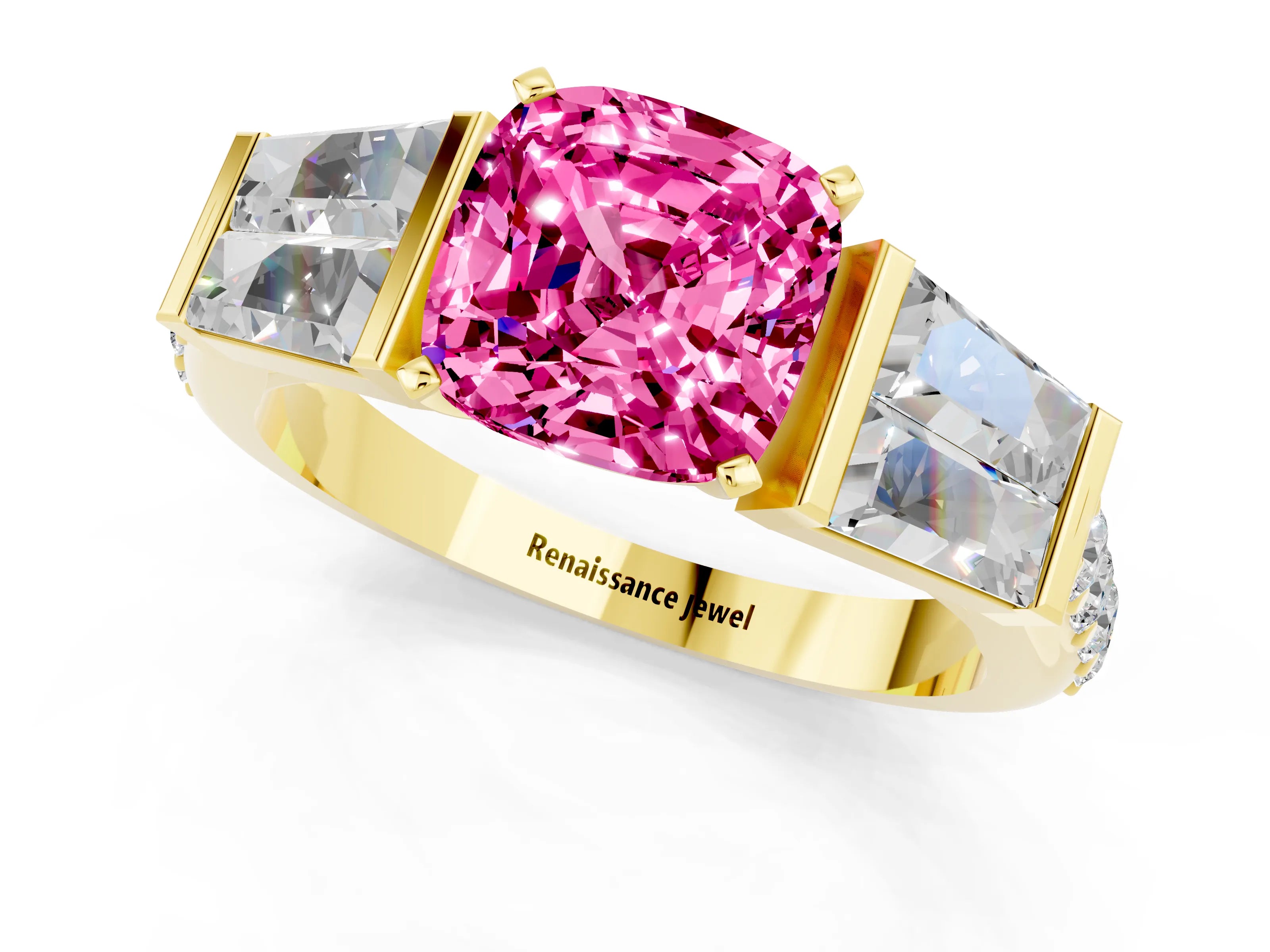 Yellow gold Cushion Cut Pink Sapphire Engagement Ring with Baguette Side Stones and Channel Set Band_1