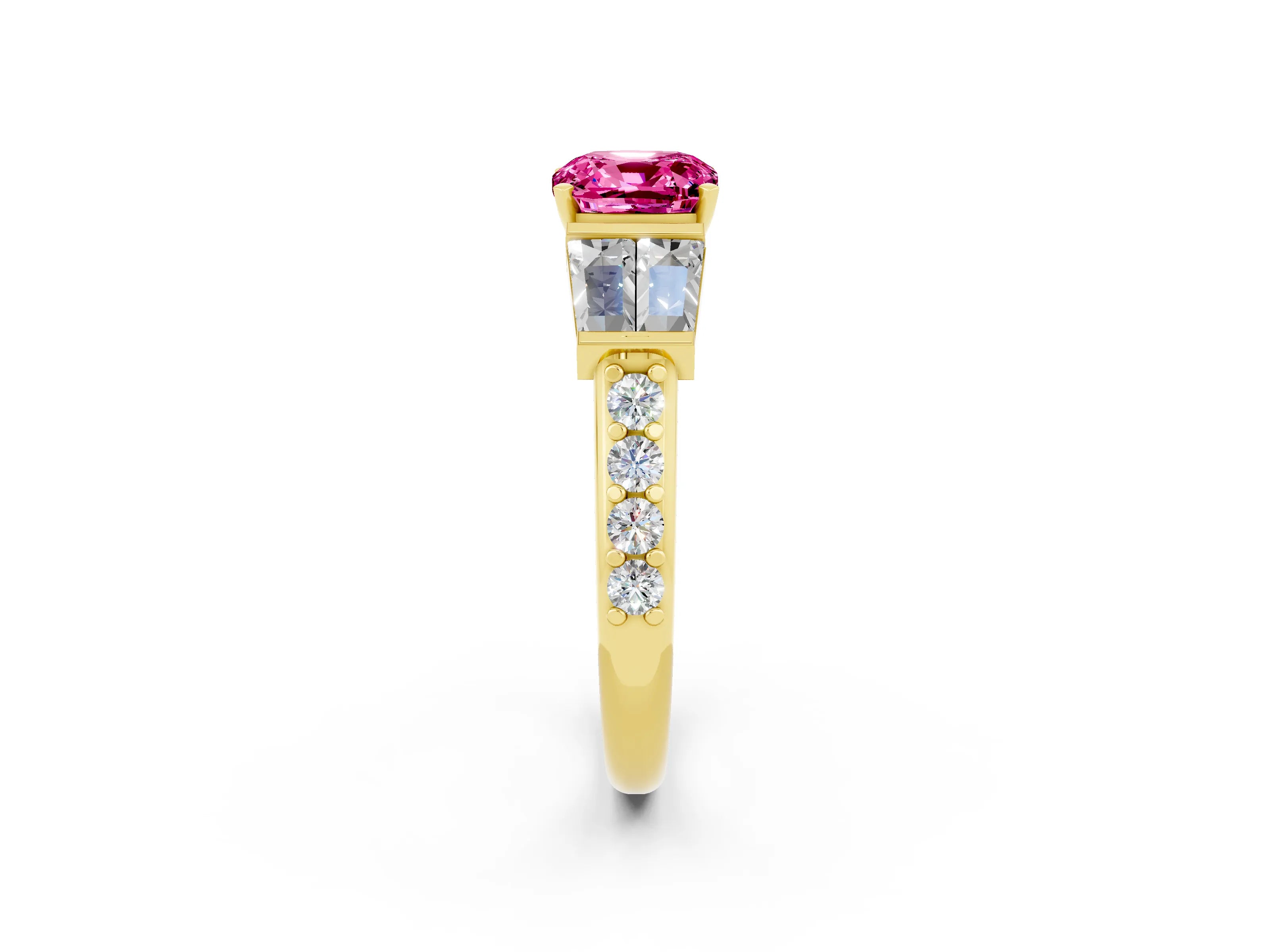 Yellow gold Cushion Cut Pink Sapphire Engagement Ring with Baguette Side Stones and Channel Set Band_2