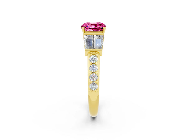 Yellow gold Cushion Cut Pink Sapphire Engagement Ring with Baguette Side Stones and Channel Set Band