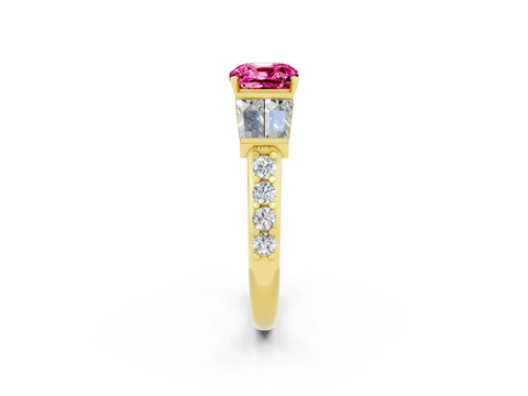 Yellow gold Cushion Cut Pink Sapphire Engagement Ring with Baguette Side Stones and Channel Set Band_2