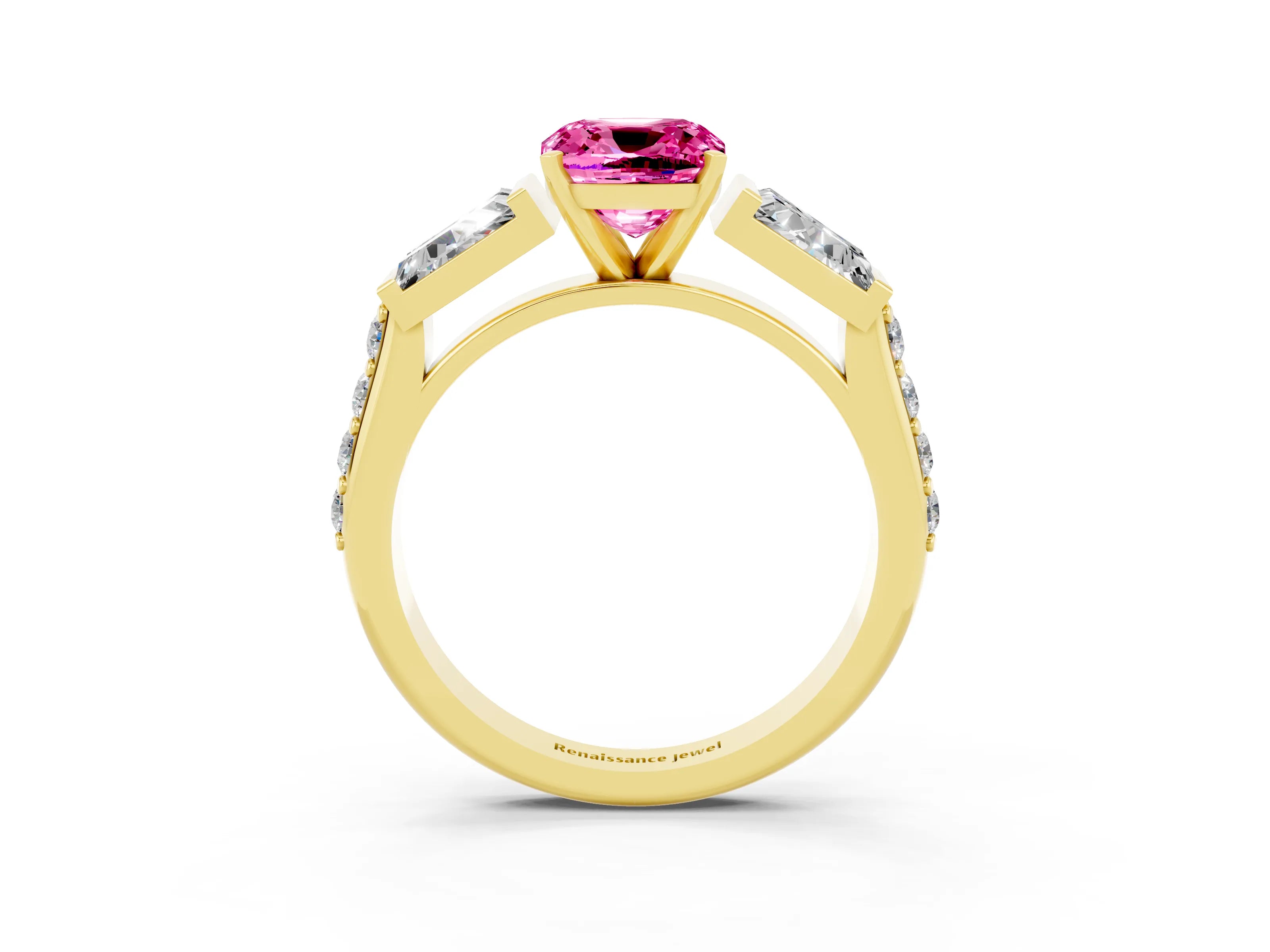 Yellow gold Cushion Cut Pink Sapphire Engagement Ring with Baguette Side Stones and Channel Set Band_3
