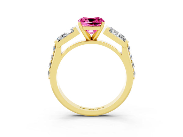 Yellow gold Cushion Cut Pink Sapphire Engagement Ring with Baguette Side Stones and Channel Set Band