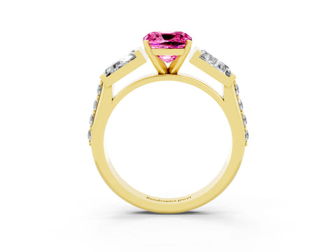 Yellow gold Cushion Cut Pink Sapphire Engagement Ring with Baguette Side Stones and Channel Set Band_3
