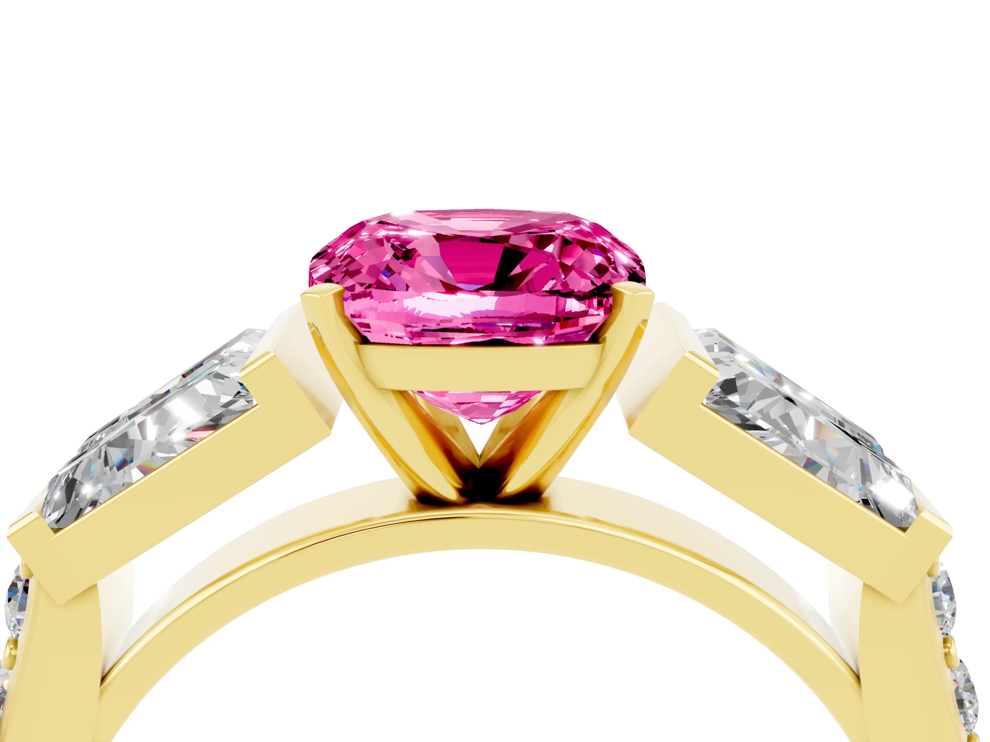 Yellow gold Cushion Cut Pink Sapphire Engagement Ring with Baguette Side Stones and Channel Set Band_4