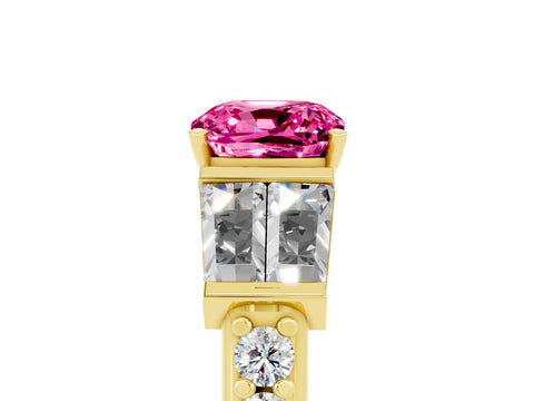 Yellow gold Cushion Cut Pink Sapphire Engagement Ring with Baguette Side Stones and Channel Set Band_5