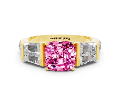 Yellow gold Cushion Cut Pink Sapphire Engagement Ring with Baguette Side Stones and Channel Set Band