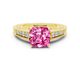 Yellow gold Cushion Cut Pink Sapphire Engagement Ring with Milgrain Channel Set Band and Prong Setting_24