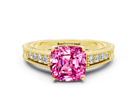 Yellow gold Cushion Cut Pink Sapphire Engagement Ring with Milgrain Channel Set Band and Prong Setting_24