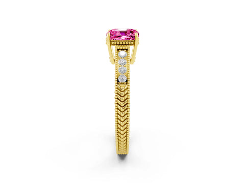 Yellow gold Cushion Cut Pink Sapphire Engagement Ring with Milgrain Channel Set Band and Prong Setting_26