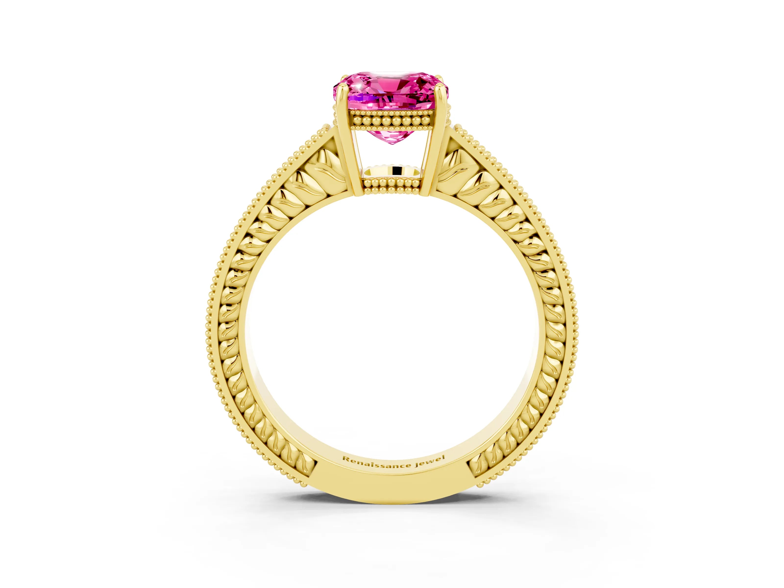 Yellow gold Cushion Cut Pink Sapphire Engagement Ring with Milgrain Channel Set Band and Prong Setting_27