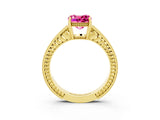 Yellow gold Cushion Cut Pink Sapphire Engagement Ring with Milgrain Channel Set Band and Prong Setting_27