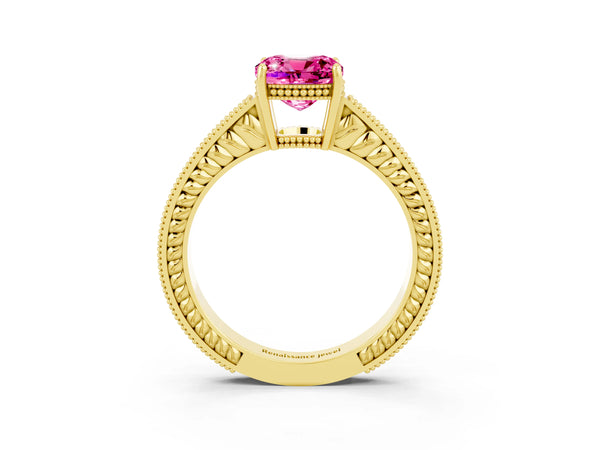 Yellow gold Cushion Cut Pink Sapphire Engagement Ring with Milgrain Channel Set Band and Prong Setting
