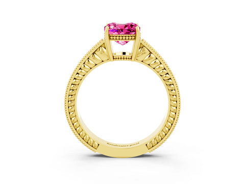 Yellow gold Cushion Cut Pink Sapphire Engagement Ring with Milgrain Channel Set Band and Prong Setting_27