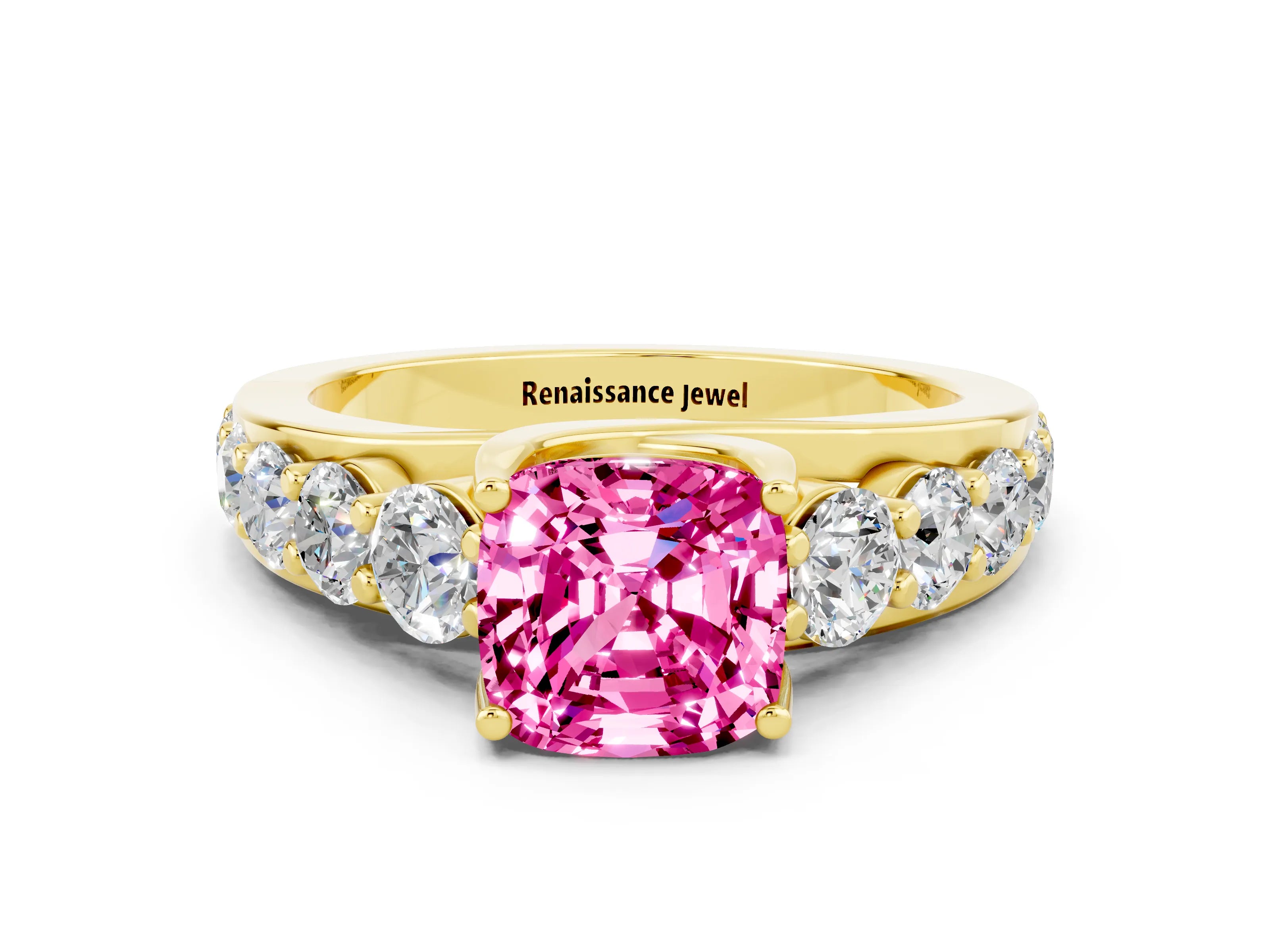 Yellow gold Cushion Cut Pink Sapphire Engagement Ring with Pavé Band and Four-Prong Setting