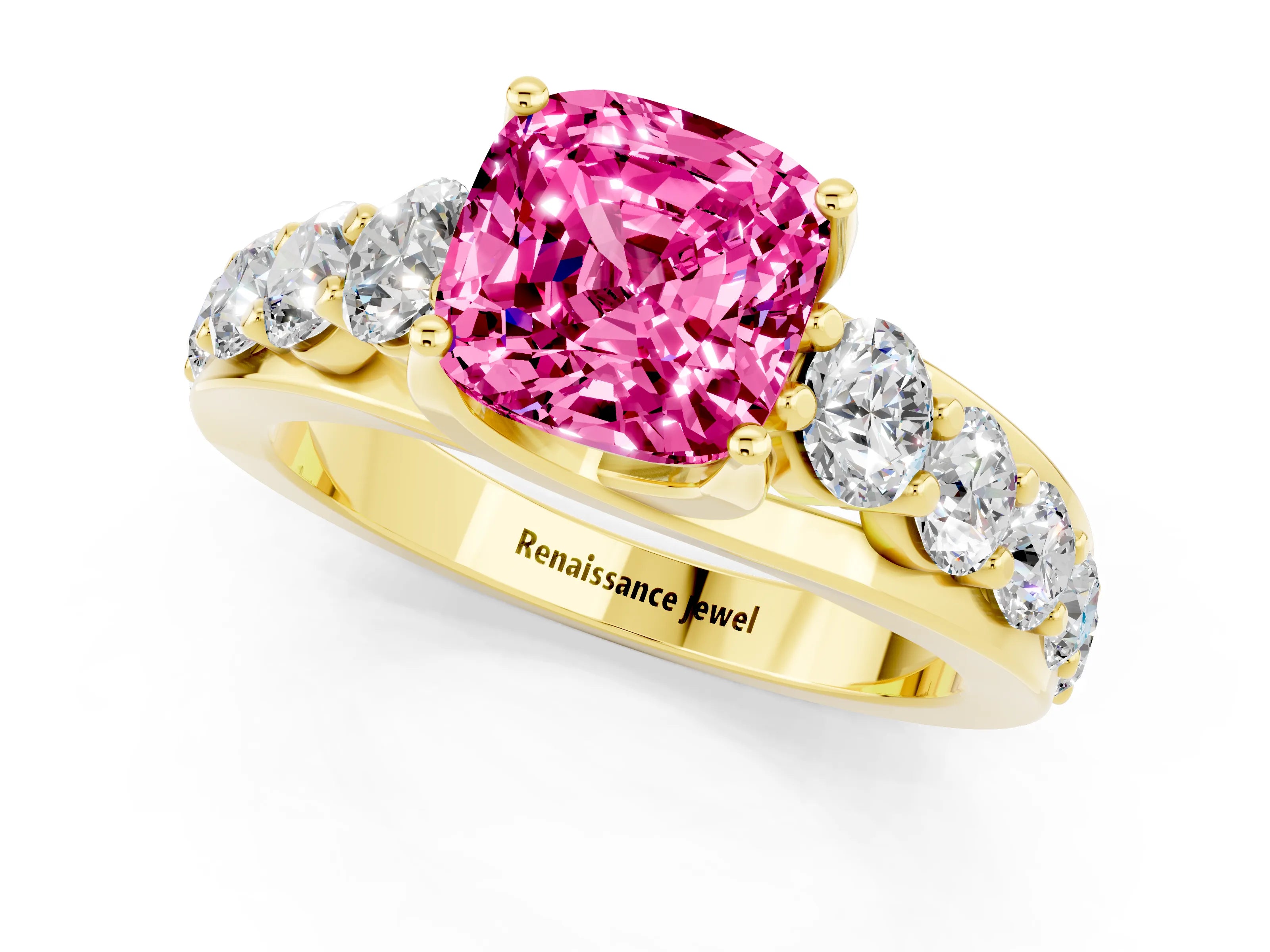 Yellow gold Cushion Cut Pink Sapphire Engagement Ring with Pavé Band and Four-Prong Setting_1