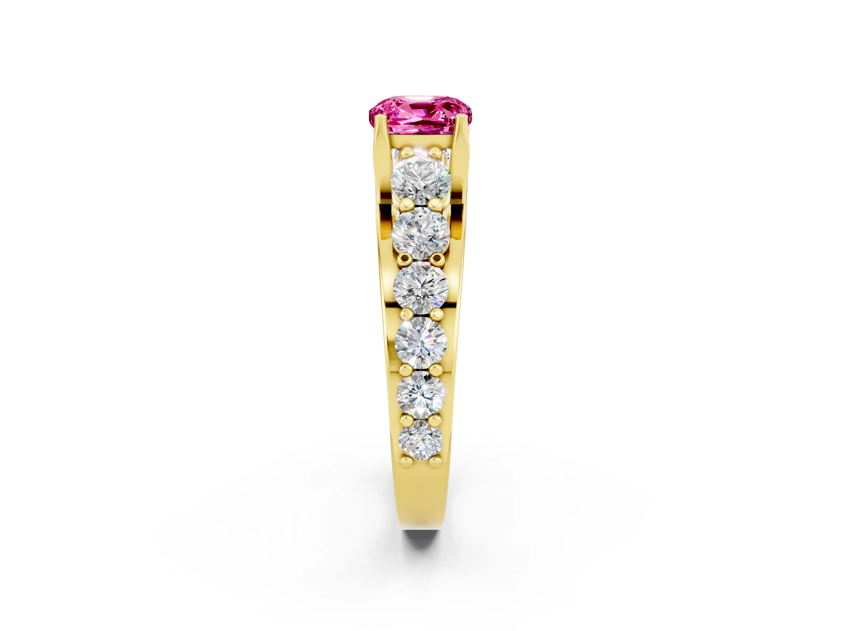 Yellow gold Cushion Cut Pink Sapphire Engagement Ring with Pavé Band and Four-Prong Setting_2