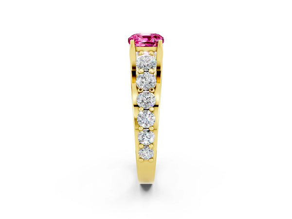 Yellow gold Cushion Cut Pink Sapphire Engagement Ring with Pavé Band and Four-Prong Setting