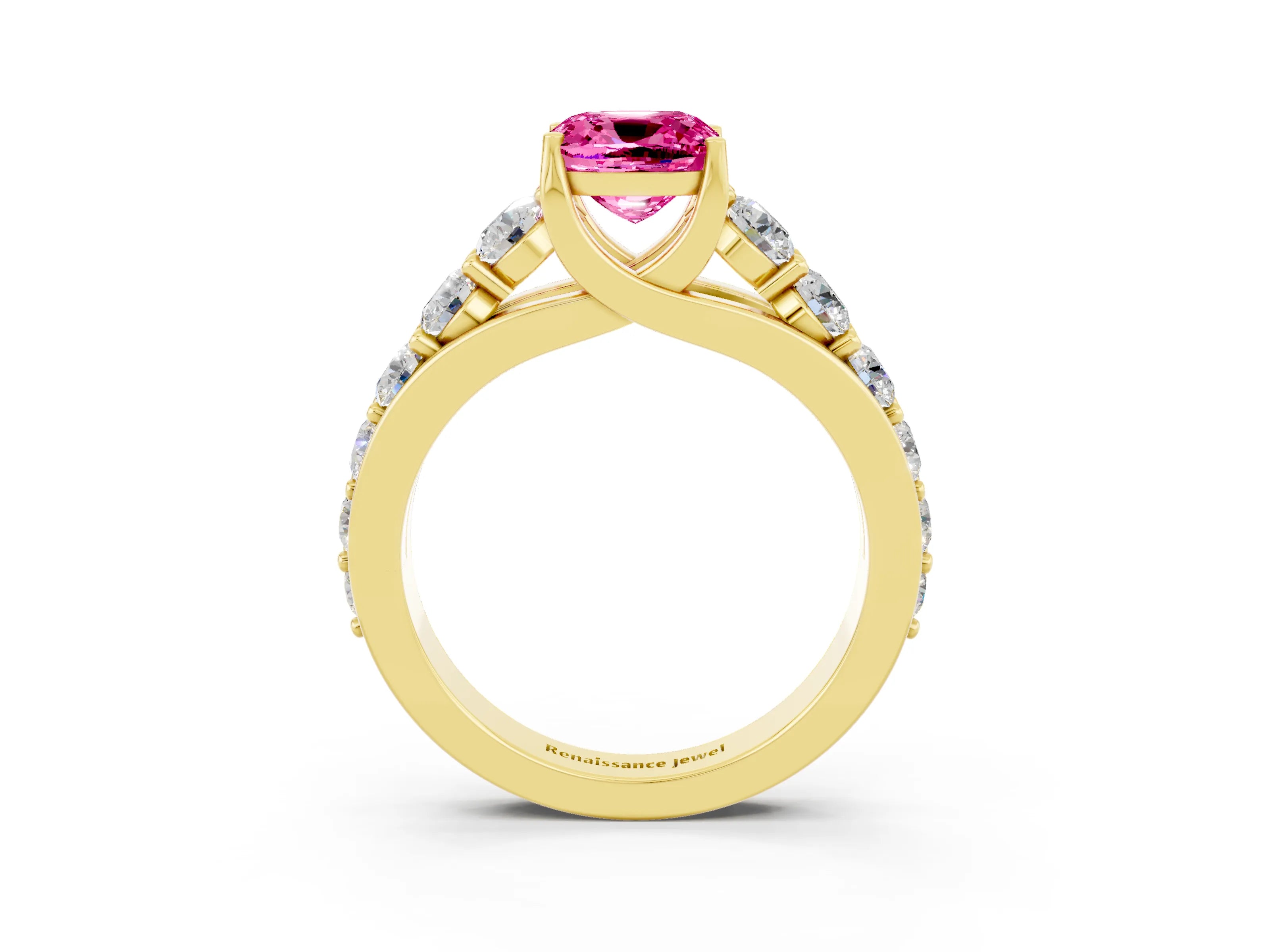 Yellow gold Cushion Cut Pink Sapphire Engagement Ring with Pavé Band and Four-Prong Setting_3