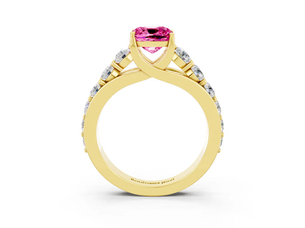 Yellow gold Cushion Cut Pink Sapphire Engagement Ring with Pavé Band and Four-Prong Setting