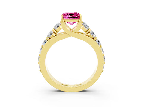 Yellow gold Cushion Cut Pink Sapphire Engagement Ring with Pavé Band and Four-Prong Setting_3