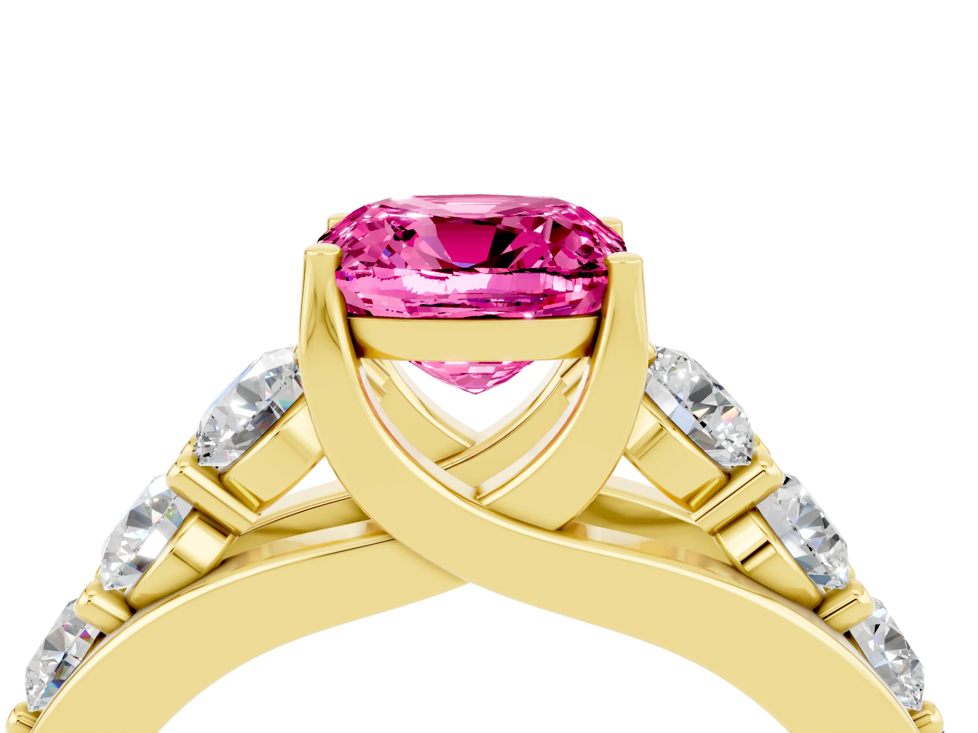 Yellow gold Cushion Cut Pink Sapphire Engagement Ring with Pavé Band and Four-Prong Setting_4