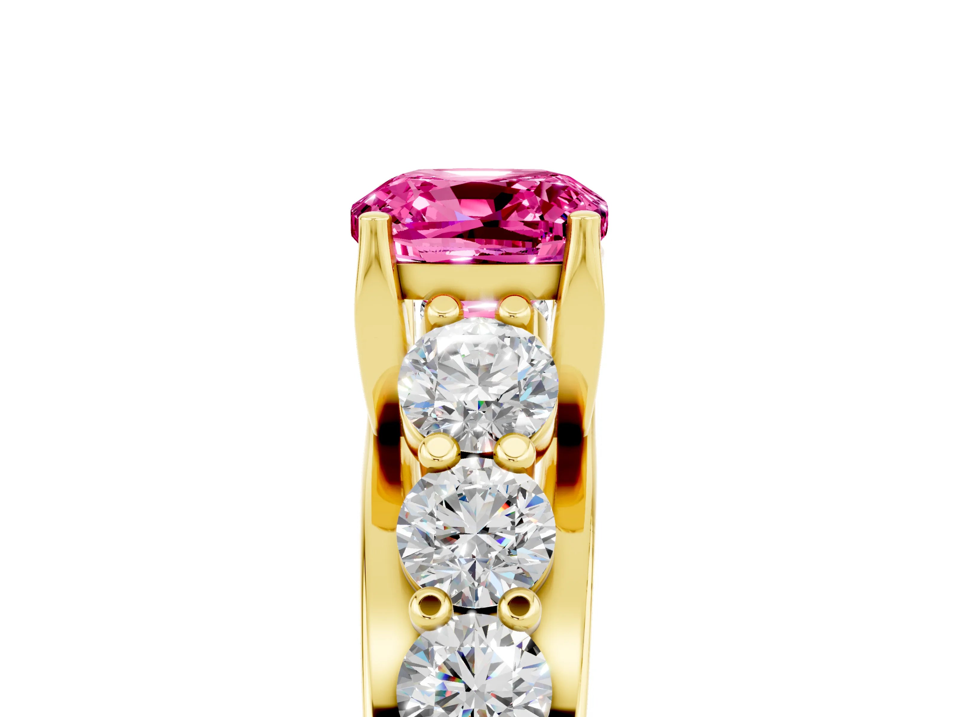 Yellow gold Cushion Cut Pink Sapphire Engagement Ring with Pavé Band and Four-Prong Setting_5