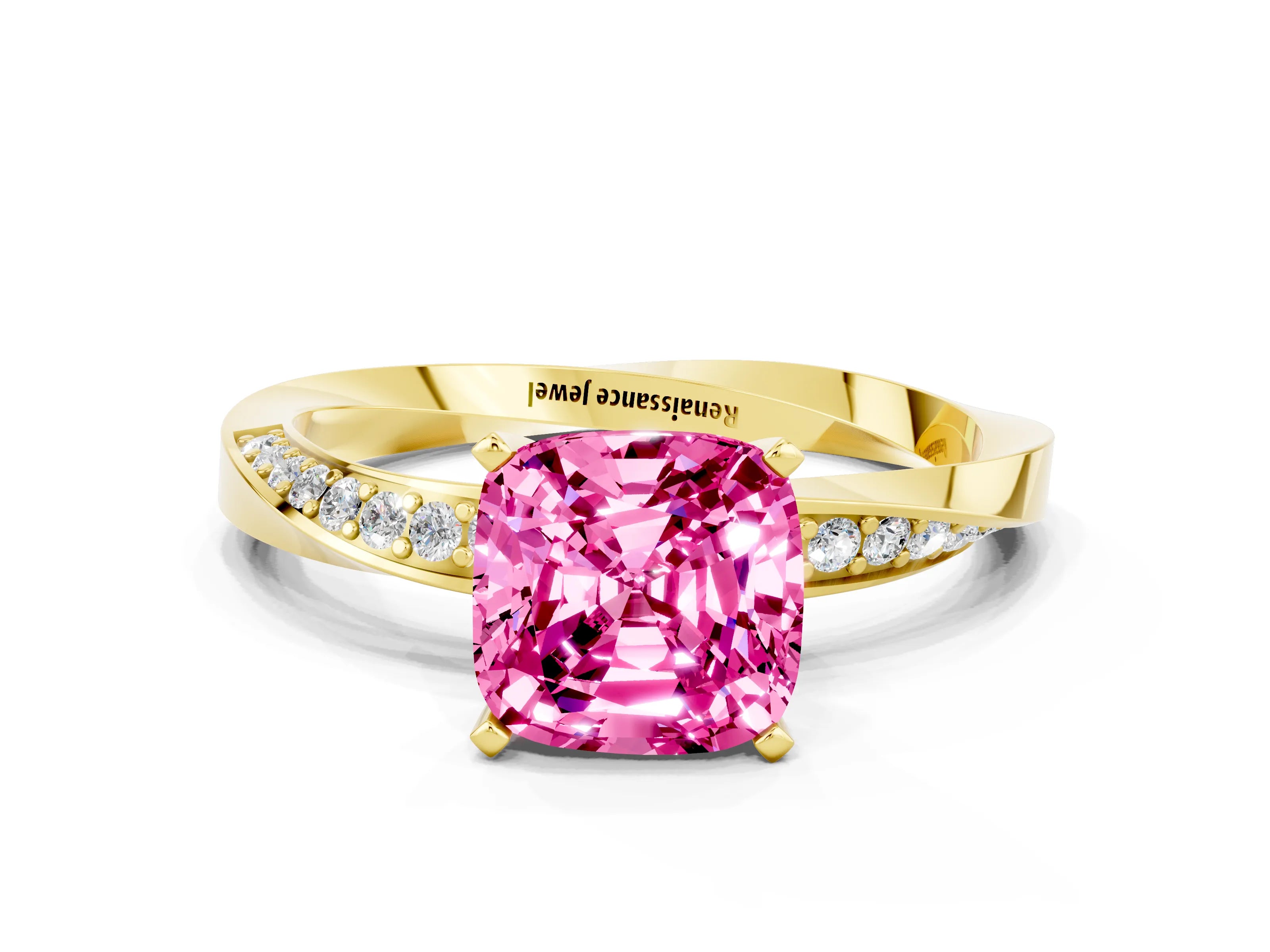 Yellow gold Cushion Cut Pink Sapphire Engagement Ring with Side Stone Accents and Four-Prong Setting_51