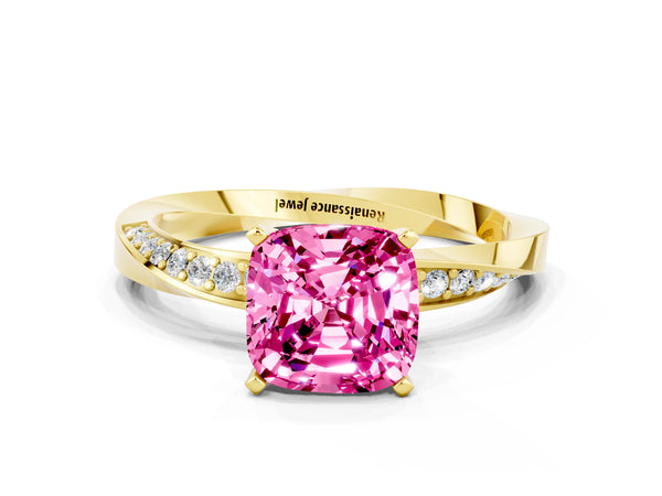 Yellow gold Cushion Cut Pink Sapphire Engagement Ring with Side Stone Accents and Four-Prong Setting