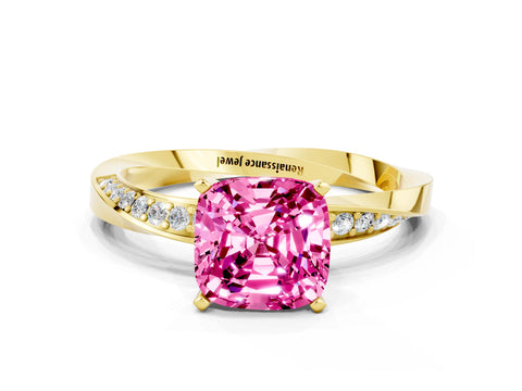 Yellow gold Cushion Cut Pink Sapphire Engagement Ring with Side Stone Accents and Four-Prong Setting_51