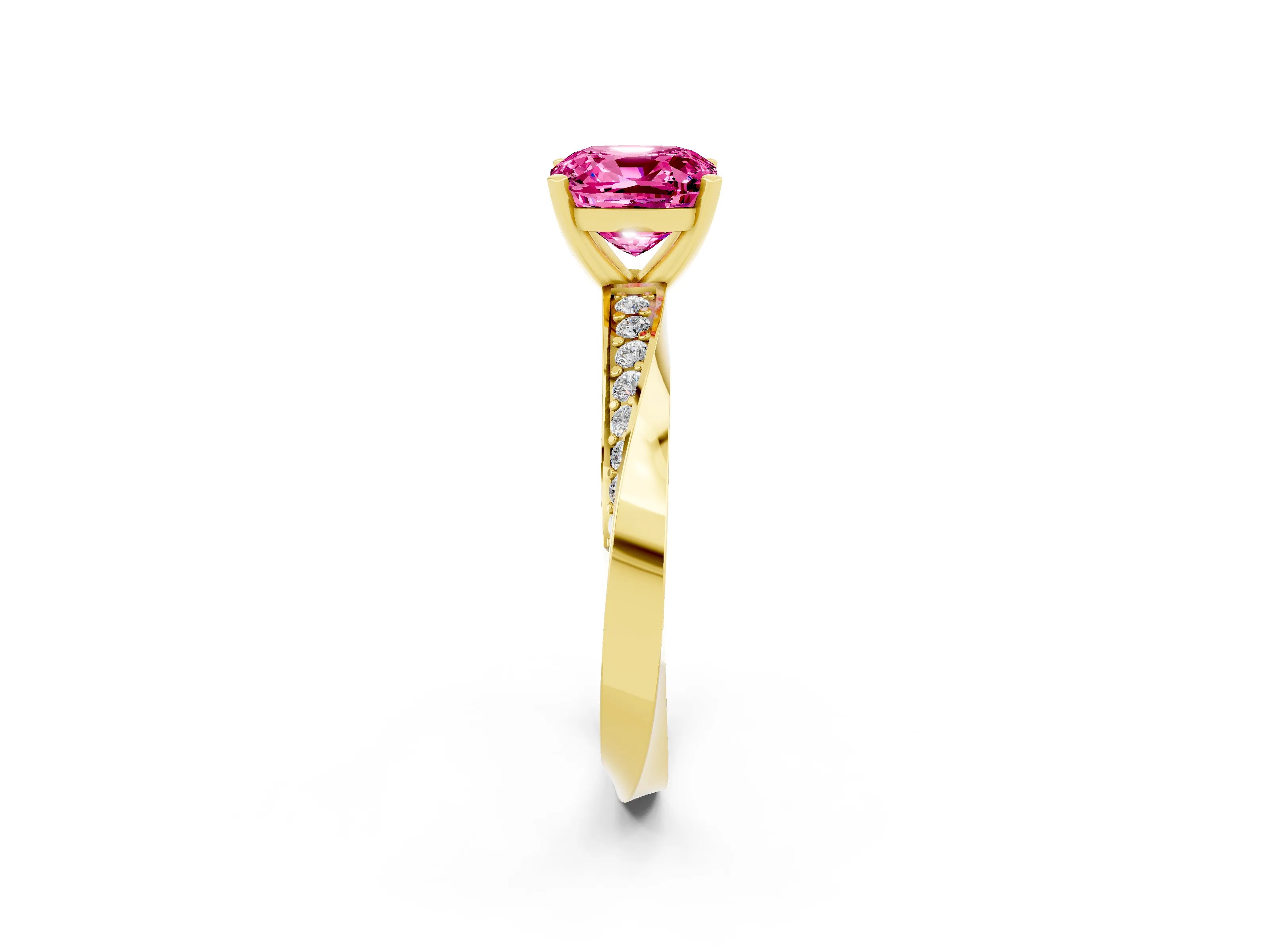 Yellow gold Cushion Cut Pink Sapphire Engagement Ring with Side Stone Accents and Four-Prong Setting_53