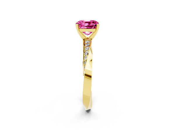 Yellow gold Cushion Cut Pink Sapphire Engagement Ring with Side Stone Accents and Four-Prong Setting