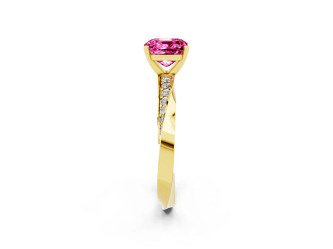 Yellow gold Cushion Cut Pink Sapphire Engagement Ring with Side Stone Accents and Four-Prong Setting_53