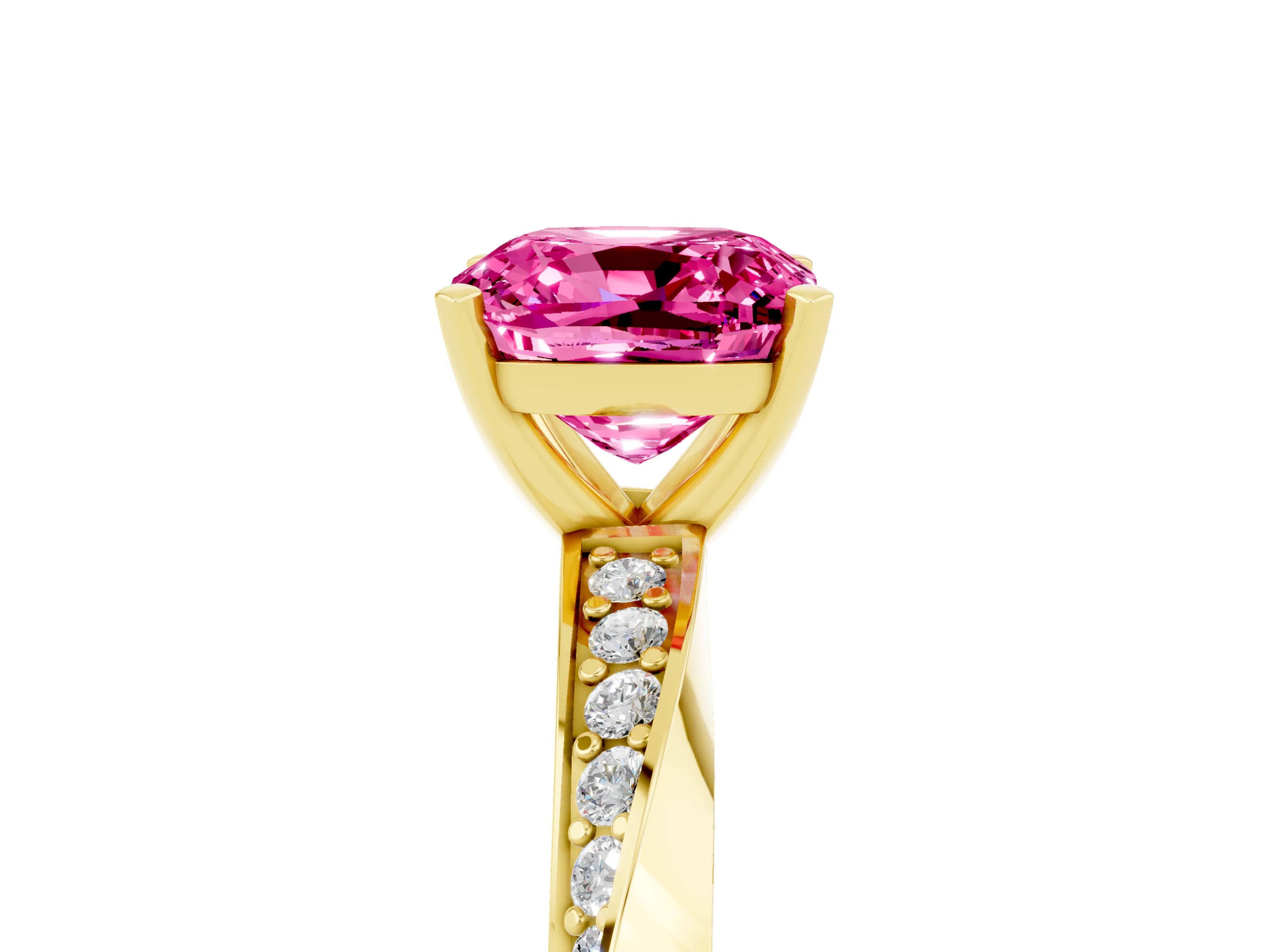 Yellow gold Cushion Cut Pink Sapphire Engagement Ring with Side Stone Accents and Four-Prong Setting_56