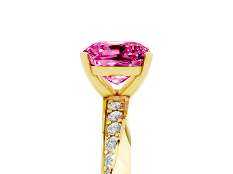 Yellow gold Cushion Cut Pink Sapphire Engagement Ring with Side Stone Accents and Four-Prong Setting_56