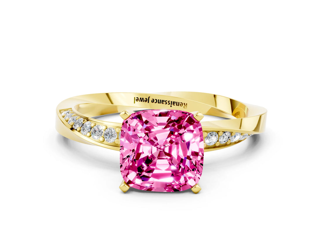Yellow gold Cushion Cut Pink Sapphire Engagement Ring with Side Stone Accents and Four-Prong Setting_84