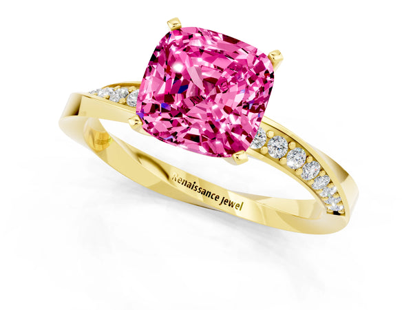 Yellow gold Cushion Cut Pink Sapphire Engagement Ring with Side Stone Accents and Four-Prong Setting