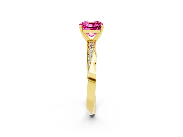 Yellow gold Cushion Cut Pink Sapphire Engagement Ring with Side Stone Accents and Four-Prong Setting