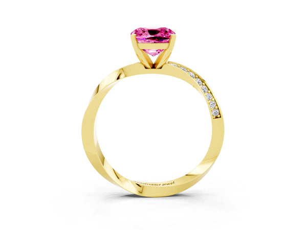 Yellow gold Cushion Cut Pink Sapphire Engagement Ring with Side Stone Accents and Four-Prong Setting