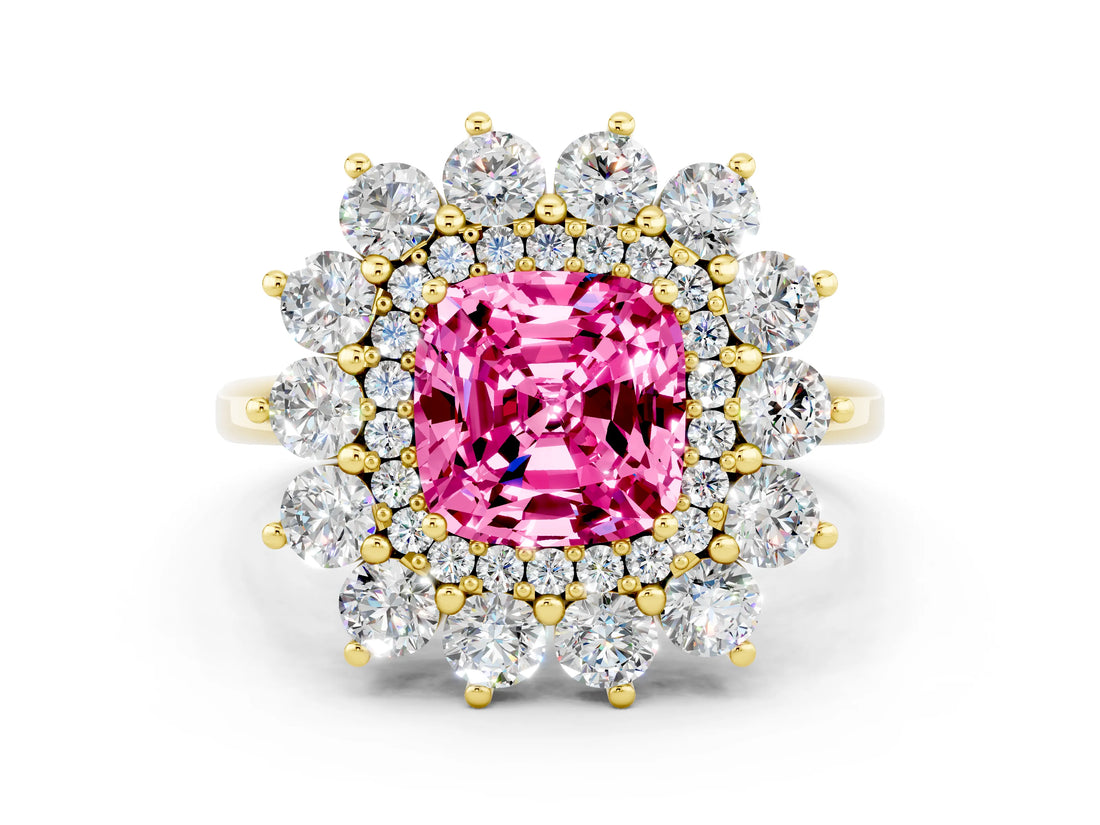 Yellow gold Cushion Cut Pink Sapphire Floral Double Halo Engagement Ring with Prong Setting_61