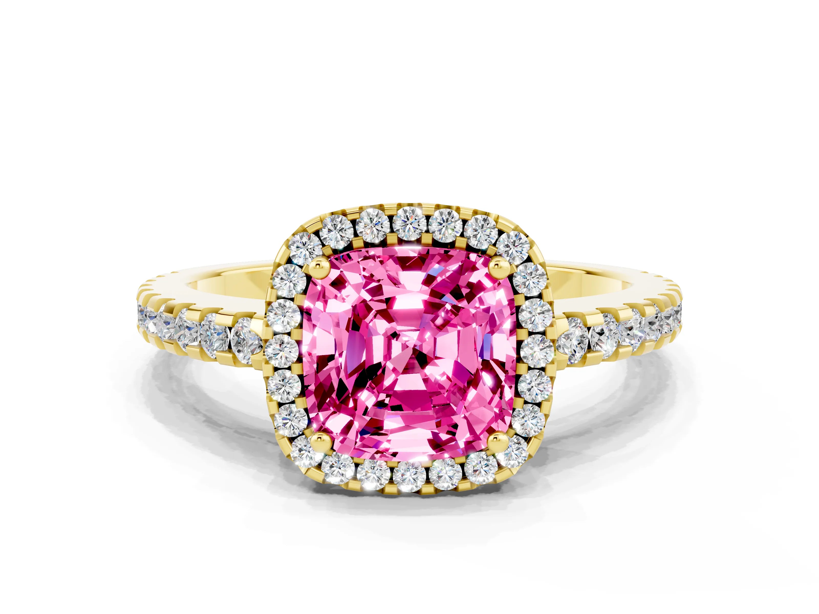 Yellow gold Cushion Cut Pink Sapphire Halo Engagement Ring with Pavé Band and Prong Setting_12