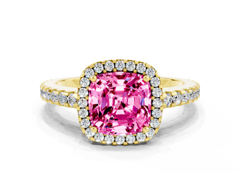 Yellow gold Cushion Cut Pink Sapphire Halo Engagement Ring with Pavé Band and Prong Setting_12