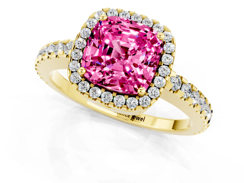Yellow gold Cushion Cut Pink Sapphire Halo Engagement Ring with Pavé Band and Prong Setting_13
