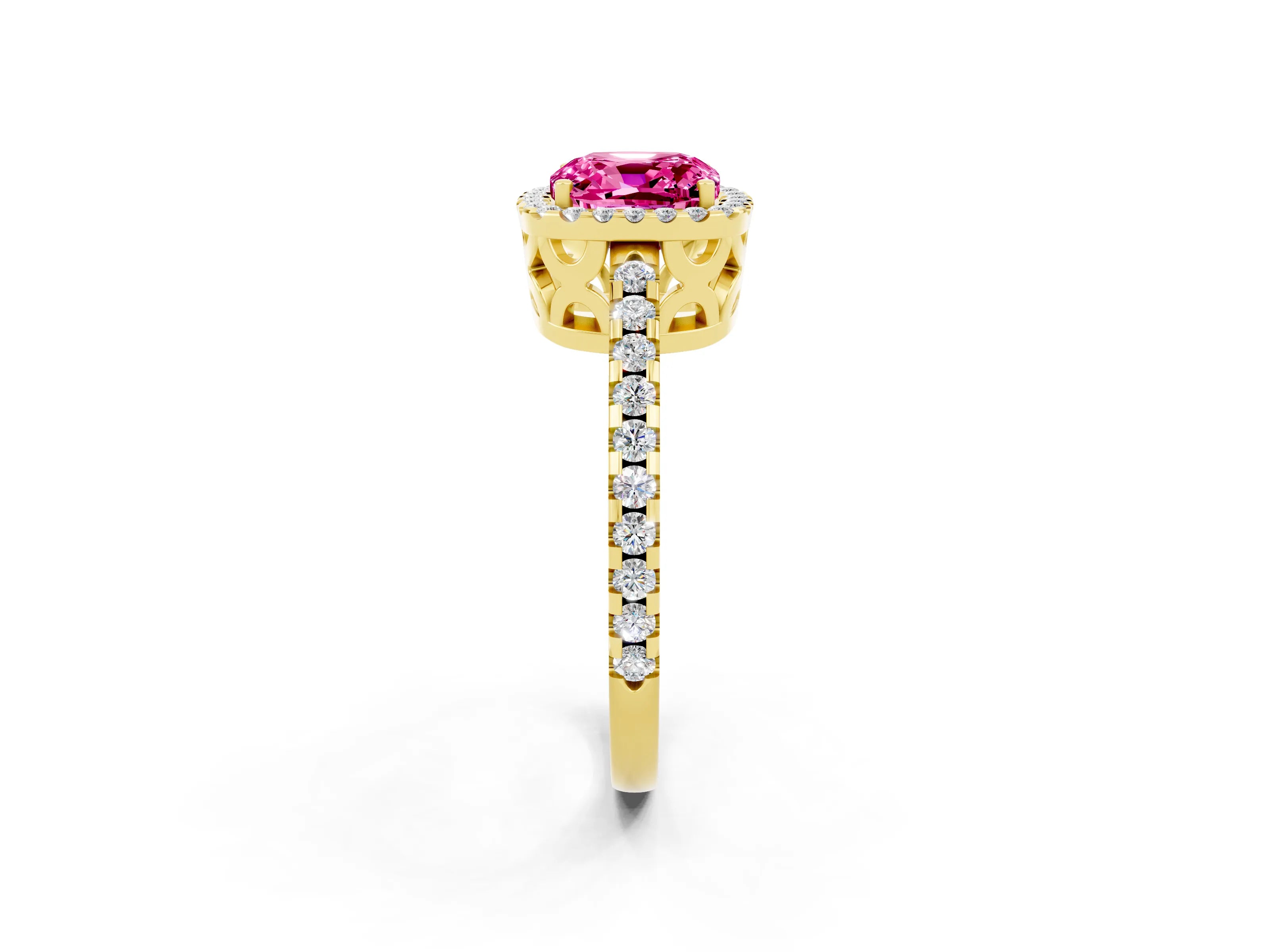 Yellow gold Cushion Cut Pink Sapphire Halo Engagement Ring with Pavé Band and Prong Setting_14