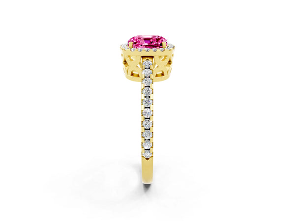 Yellow gold Cushion Cut Pink Sapphire Halo Engagement Ring with Pavé Band and Prong Setting